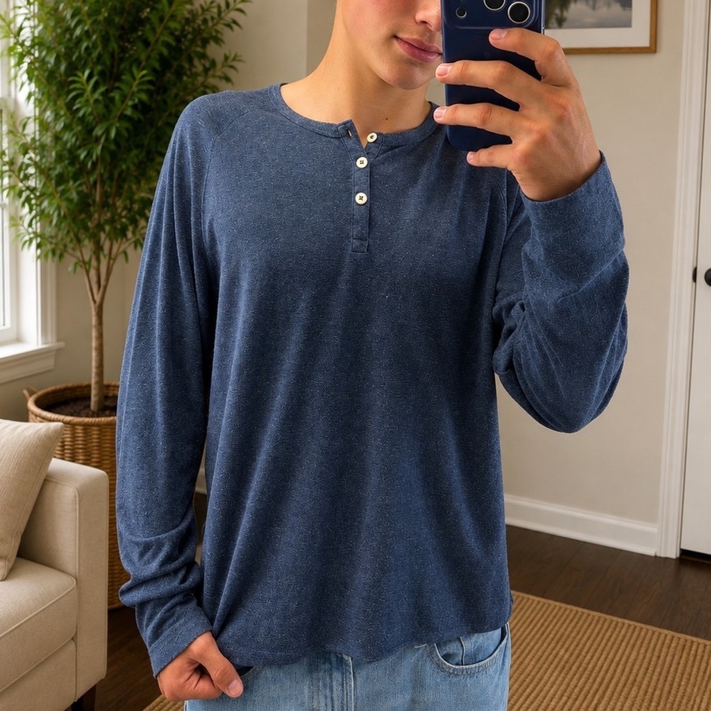 Vintage Old Navy Henley Shirt Mens Large Blue Long Sleeve Raglan Relaxed